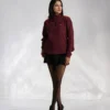 Maroon Ribbed Zipper High Neck