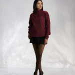 Maroon Ribbed Zipper High Neck