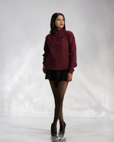 Maroon Ribbed Zipper High Neck